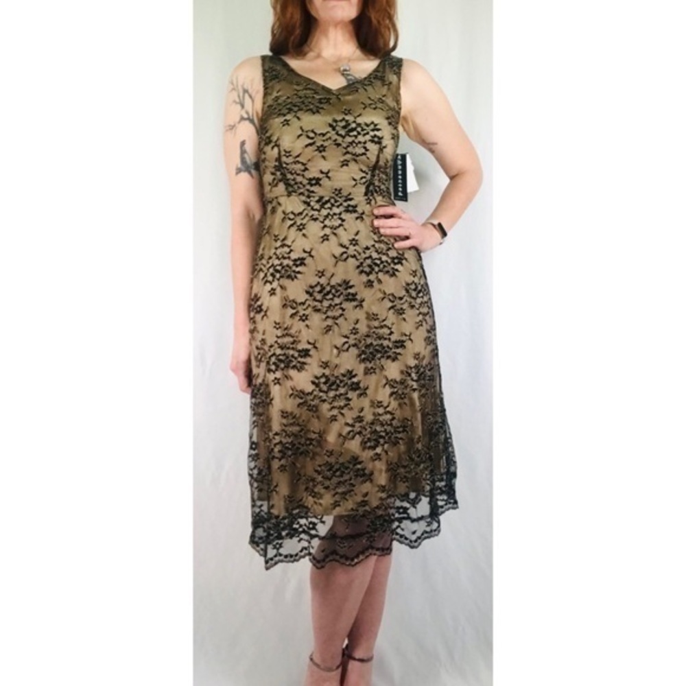 80’s Vintage ‘Connections’ Gold and Black Lace Bias Cut Midi Dress